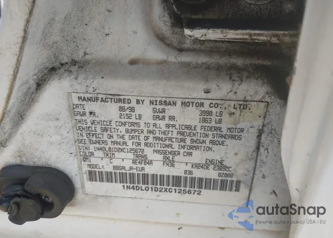 1999 Nissan Altima Gle/Gxe/Se/Se-L/Xe из США, поврежденный, VIN 1N4DL01D2XC125672